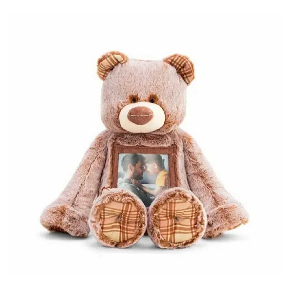 DEMDACO Plush Teddy Bear Photo Frame "Here to Hug" Brown Plaid Accent